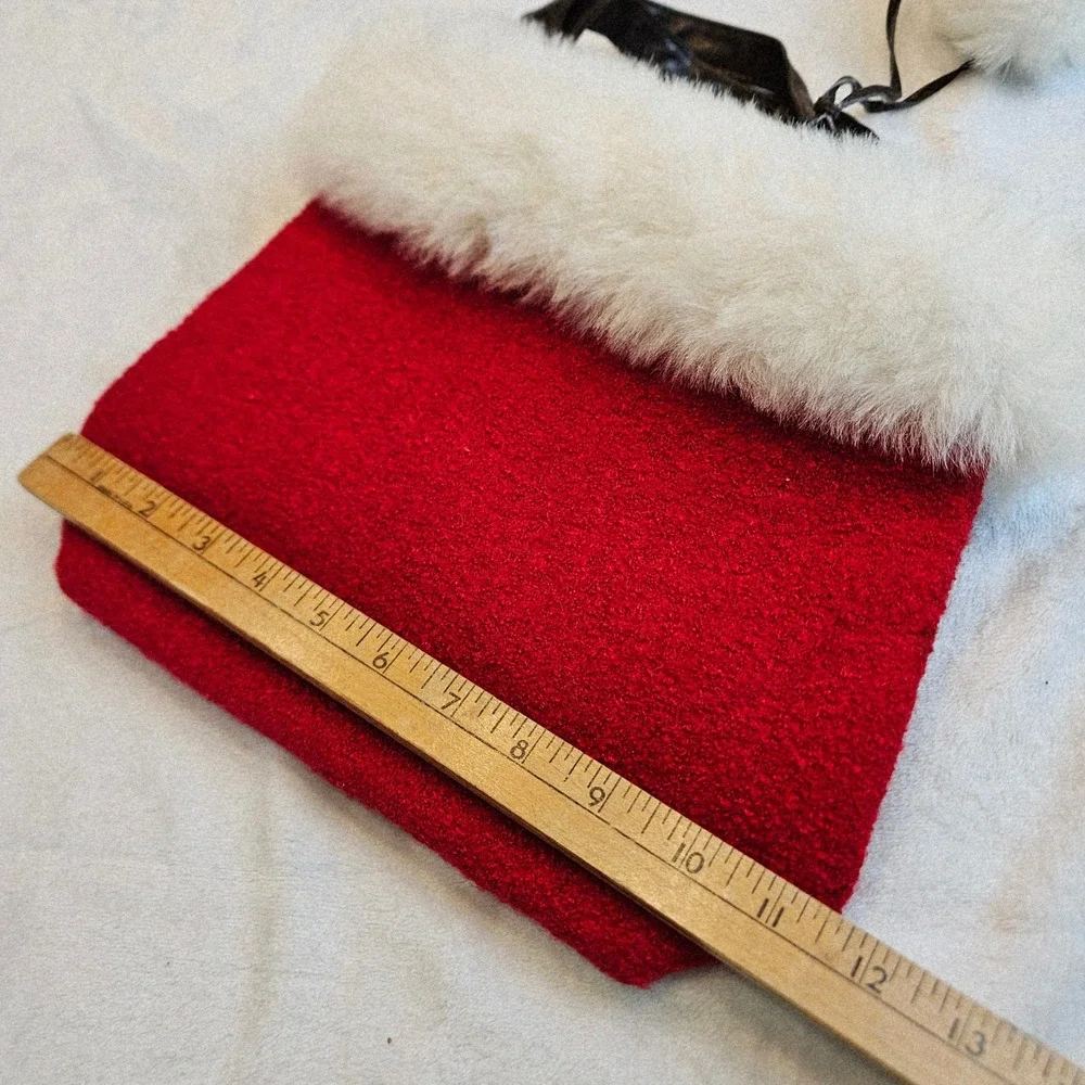 Bath Body Works Womens Red White Faux Fur Pom Pom Holiday Tote Bag Small Festive